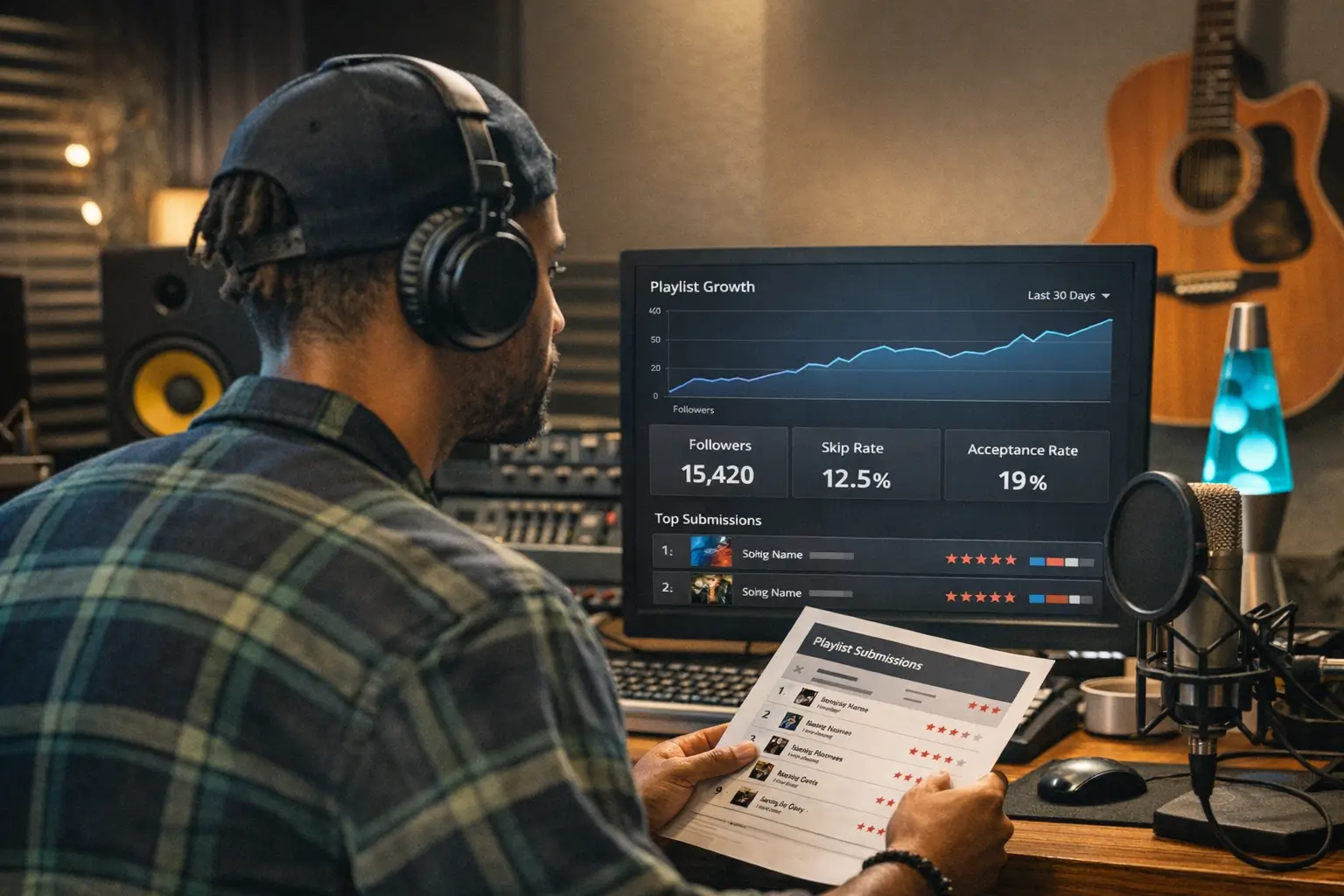 Spotify playlist curator reviewing track submissions and playlist growth analytics on a dashboard